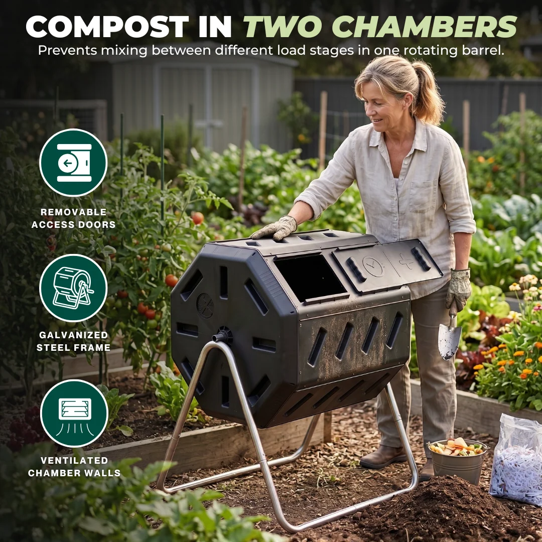 Octagonal Compost Bin 140 L Dual Chamber Rotating Steel Frame Unit