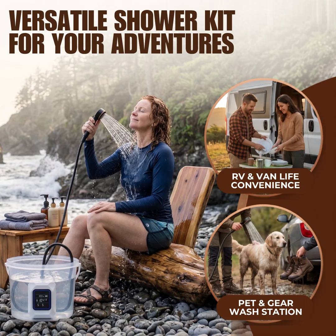 Portable Camping Shower Kit with 1500W Heater and 8000mAh Battery