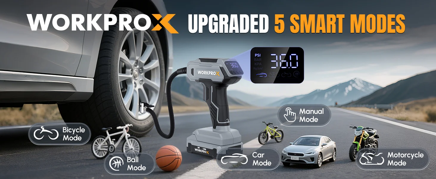 Car tire inflator with digital pressure display showing 190, with Bicycle, Ball, Car, and Motorcycle modes