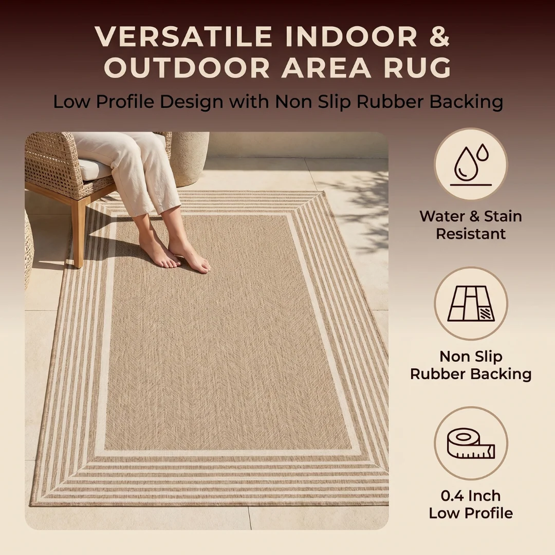 5x8 ft Water Resistant Area Rug with Striped Border, Rectangular