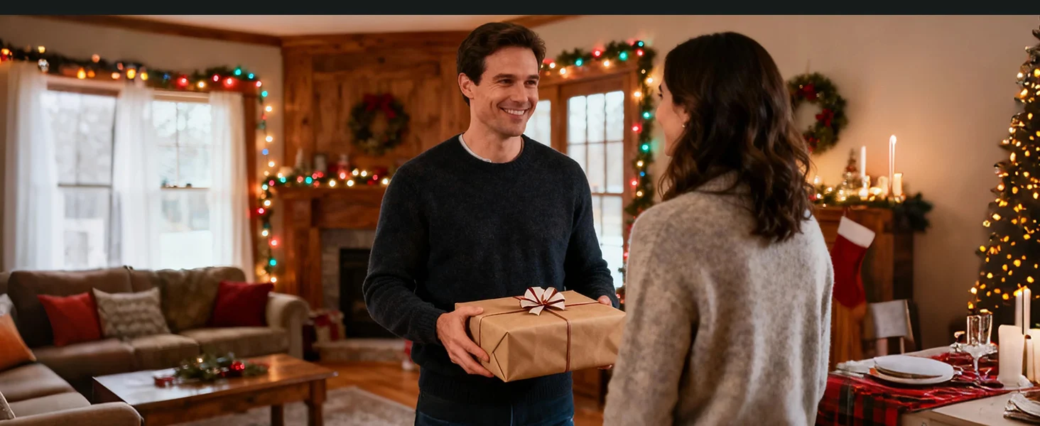 Man and woman exchanging a wrapped gift in a warmly lit living room with innovation and quality holiday decor