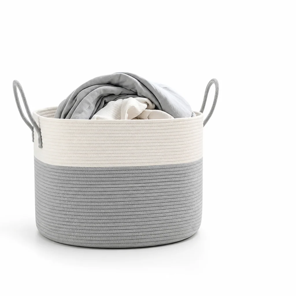 Woven Storage Basket Large Round Two-Tone Built-In Handles - Image 4