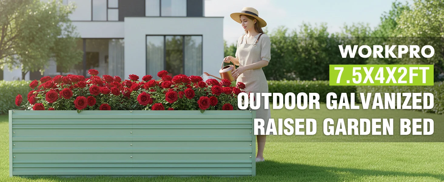 Woman watering red roses beside a mint green raised garden bed in a yard, with WORKPRO text overlay