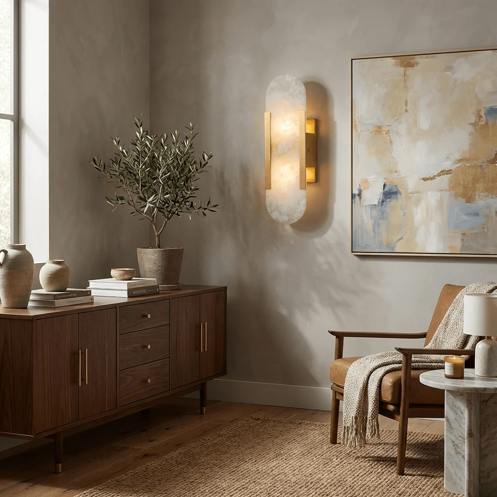 Artisan Alabaster Wall Light with Elegant Brass Accents - Image 8