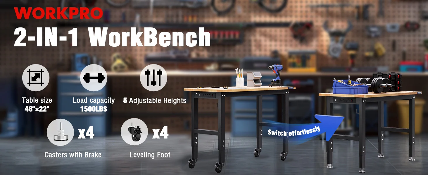 Workbench in a workshop with tools on a pegboard, showing innovation and quality features like adjustable height