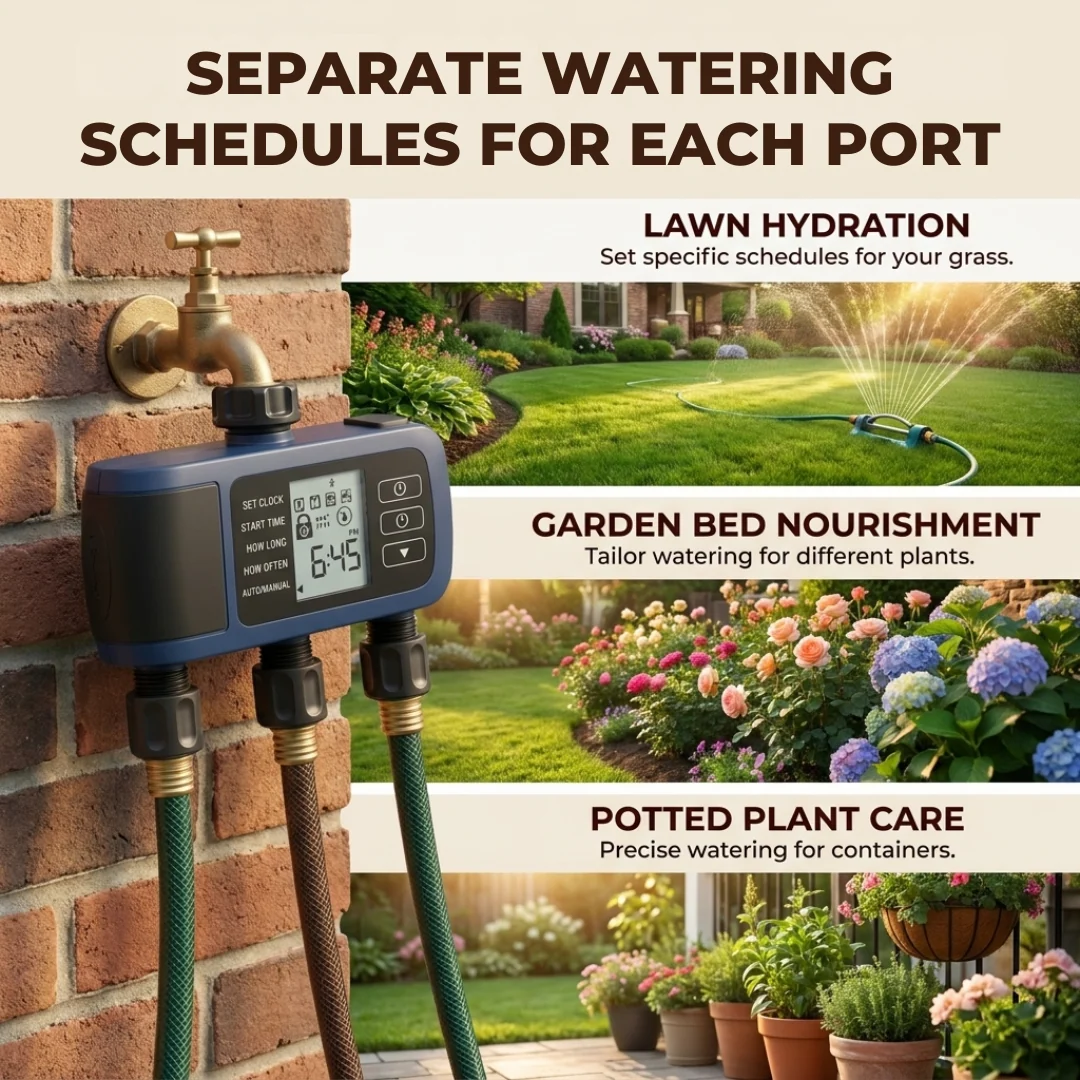 3-Port Smart Hose Watering Timer with Bluetooth App Control System