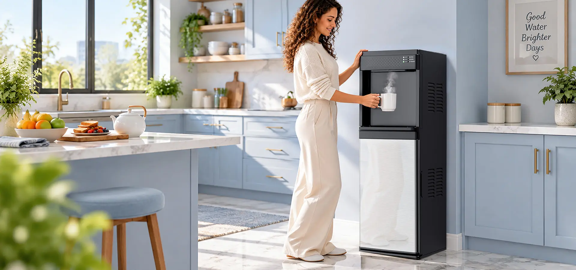 Preparing a hot breakfast drink with a water dispenser in a morning kitchen