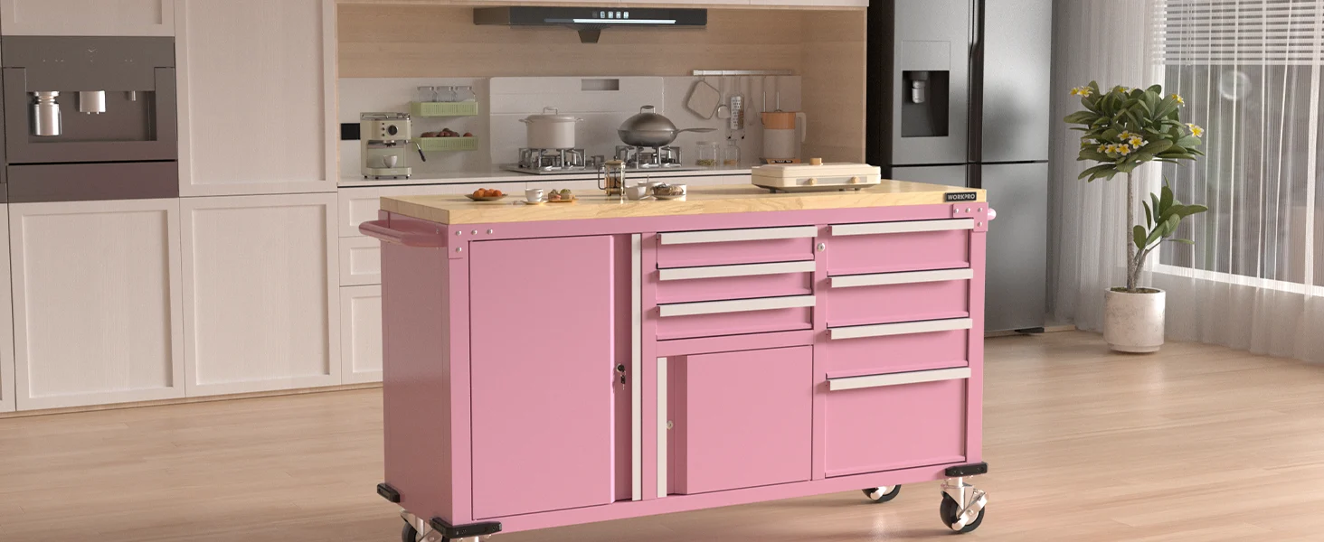 Pink tool cabinet on wheels in a modern workshop kitchen, with drawers and cabinet doors in view