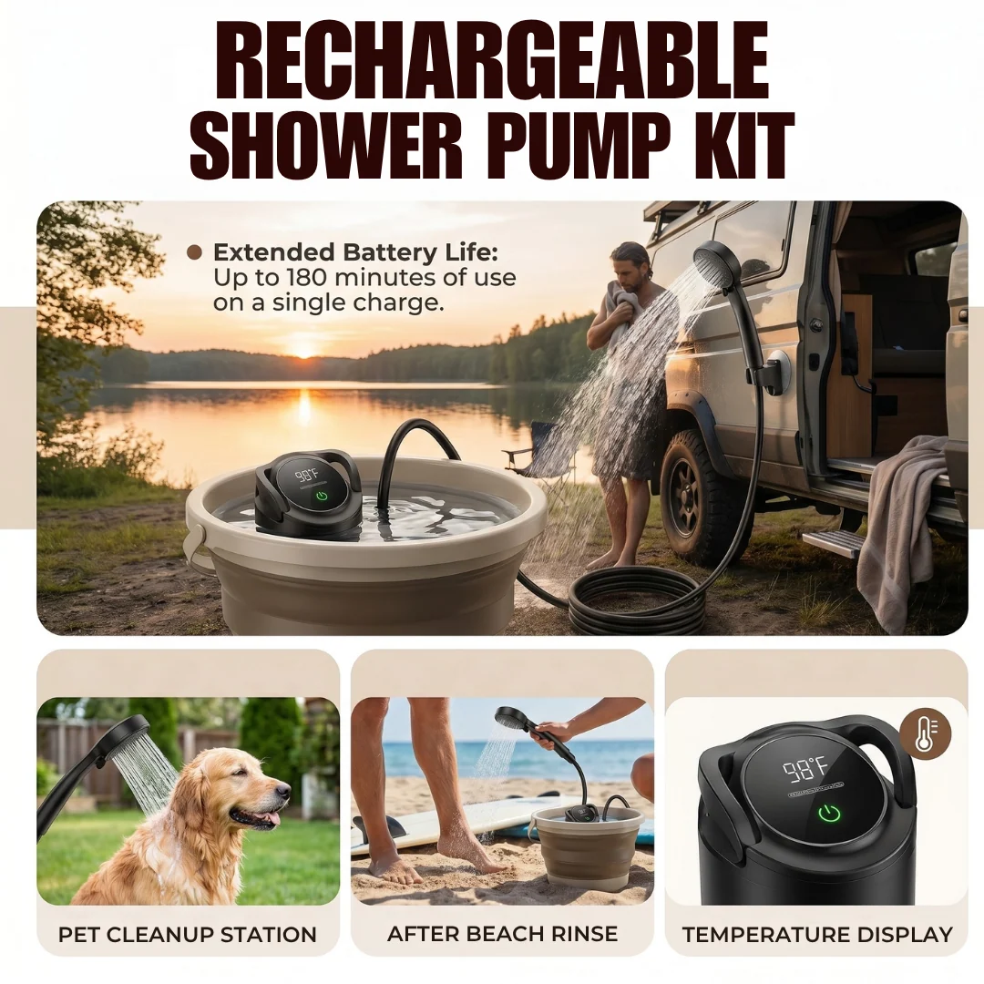 Portable Rechargeable Camping Shower Pump with 6000mAh Battery