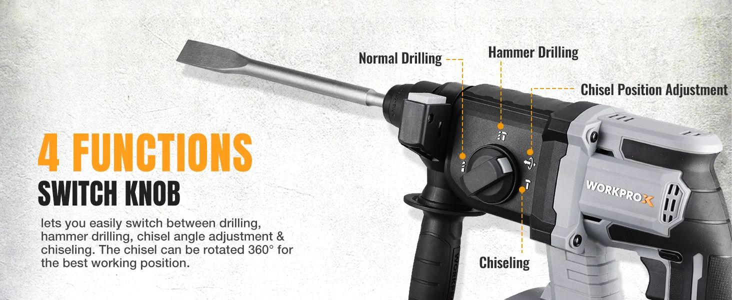Power tool with switch knob showing normal drilling, hammer drilling, and chisel position adjustment