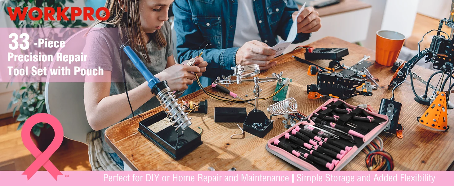 Workbench with tools and a metal robot frame, innovation and quality shown through organized repair parts