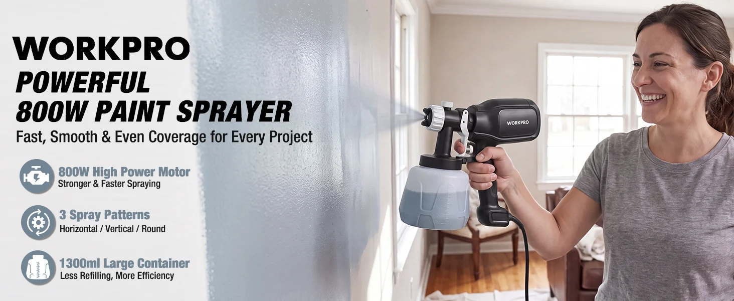 Woman using a paint sprayer indoors, innovation and quality shown on the screen with a gray container
