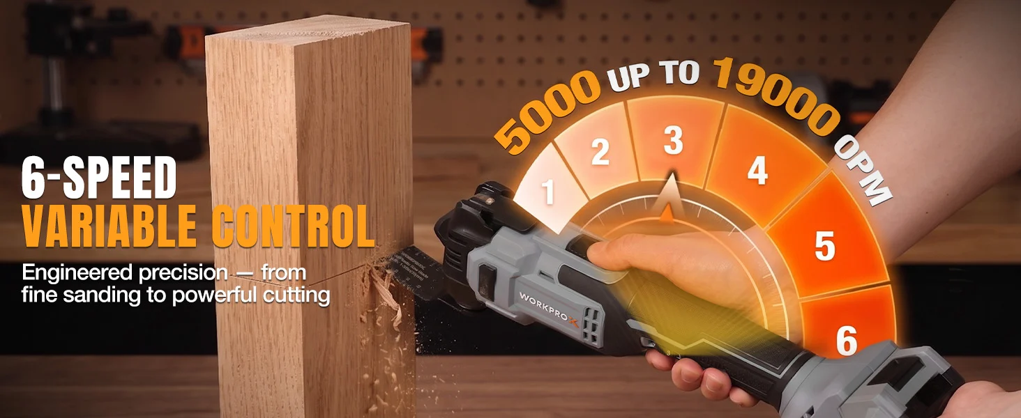 Cordless multi speed saw cutting wood with a hand, showing a 6 speed variable control dial
