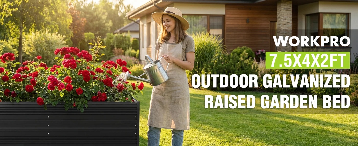 Woman watering red flowers beside a raised garden bed in a sunny yard, with WORKPRO text overlay