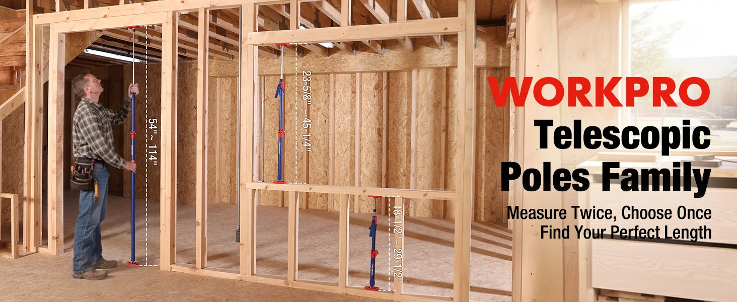 Tele scopic poles family with wooden framing in a workshop, innovation and quality shown by measuring marks