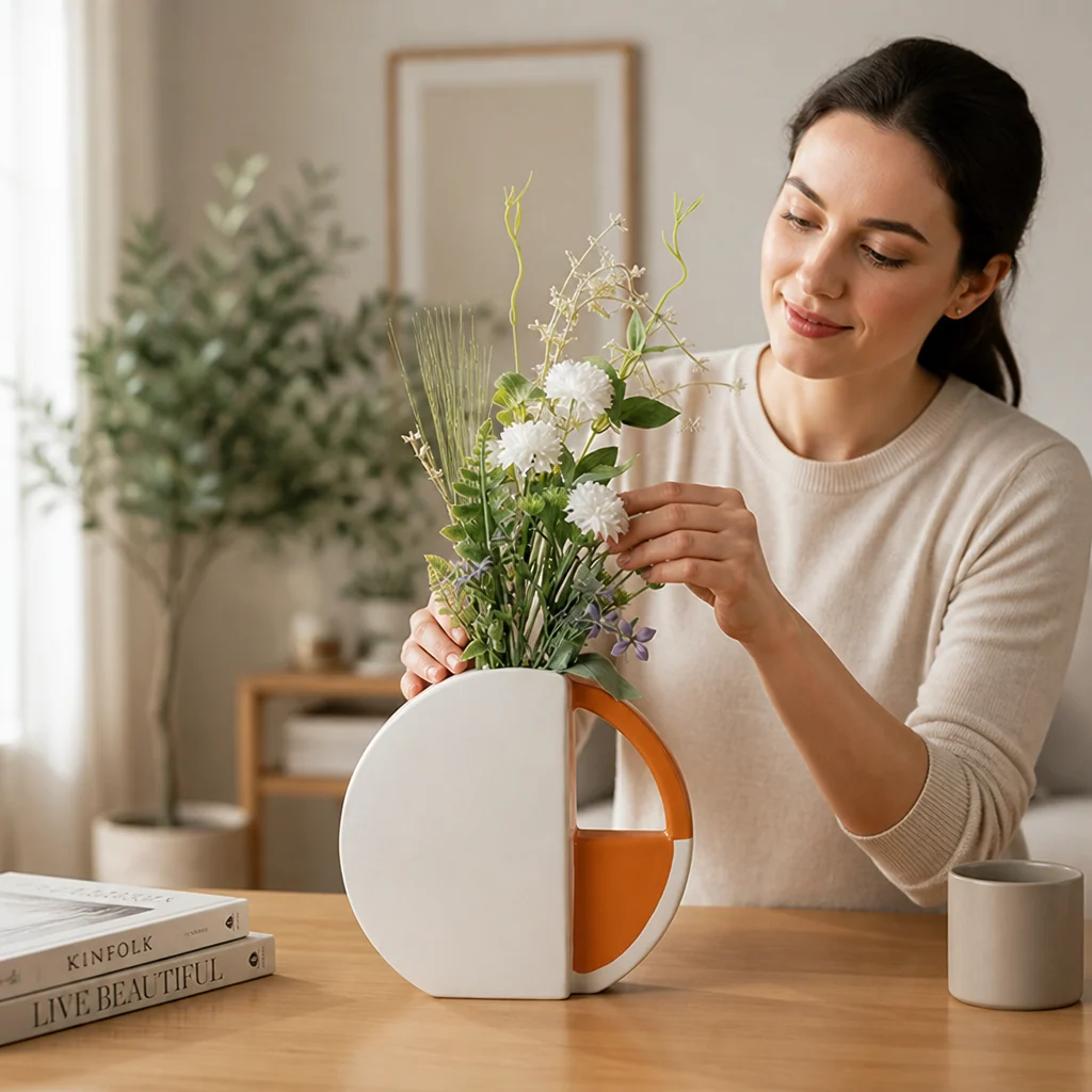 Vase Flat Disc Two-Tone Orange & White Matte Finish - Image 3