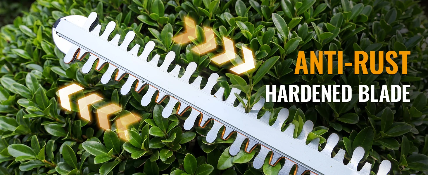 Garden hedge trimmer blade resting on green shrubs with text about innovation, quality, and hardened blade