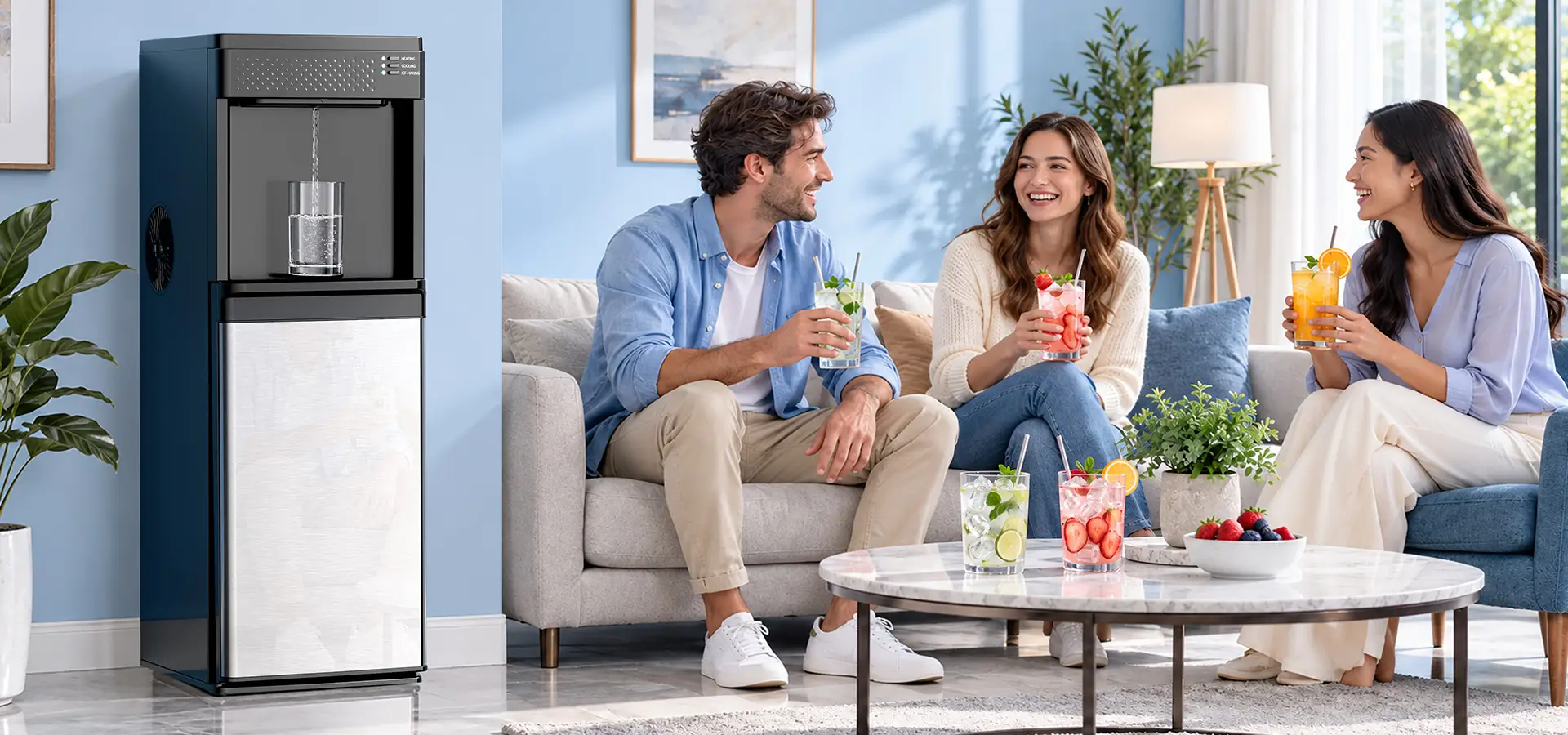 Family gathering with cold drinks and fresh ice from a water dispenser
