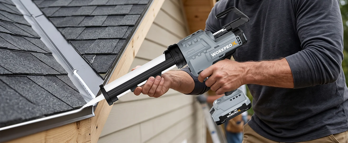 Hand using a caulking gun on a roof edge, with innovation and quality in the sealant application