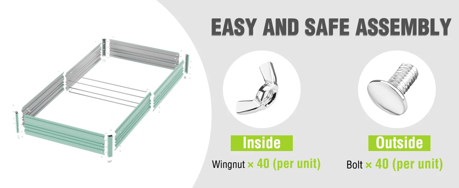 Green metal rack assembly diagram with wingnut and bolt hardware, showing easy and safe assembly