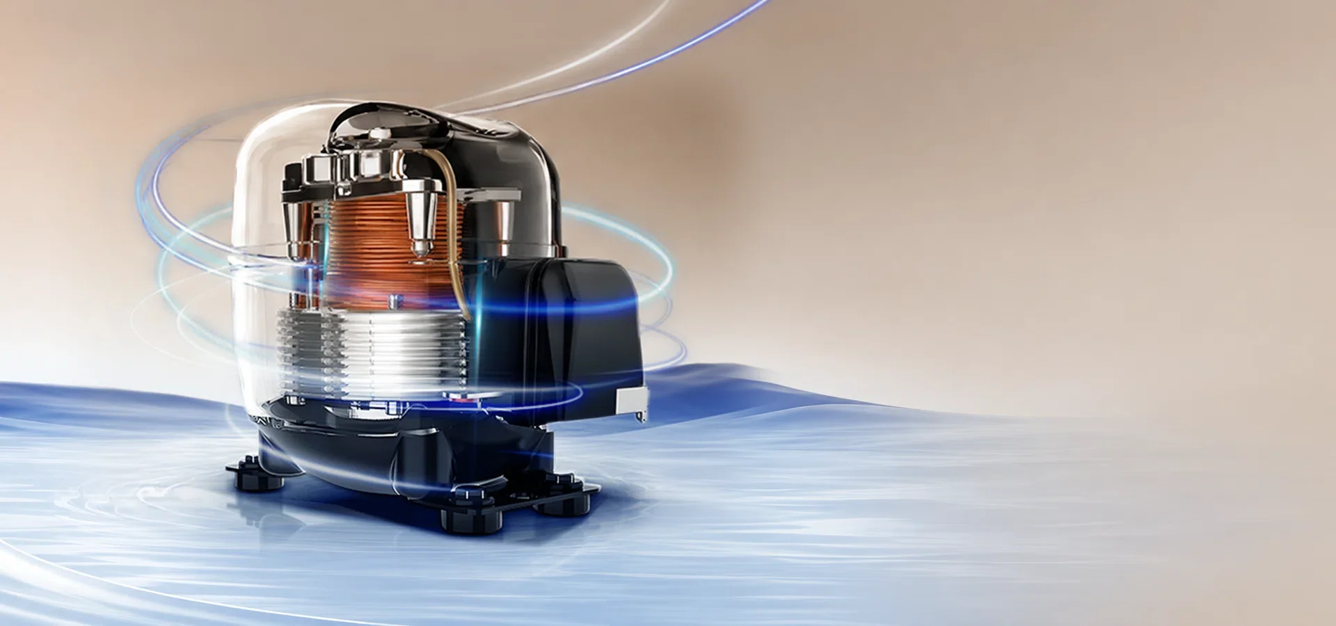 Compressor cutaway illustration with copper coils and blue cooling effects