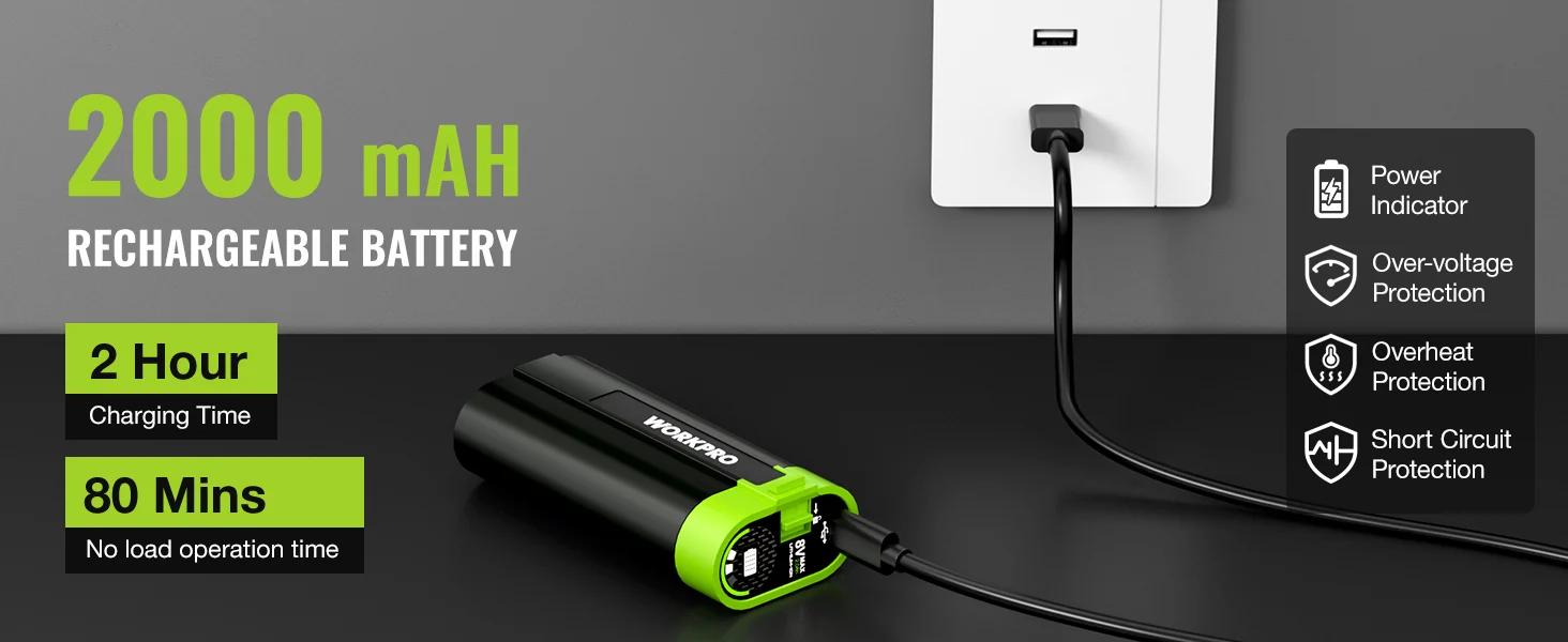 Rechargeable battery pack with 2000 mAh label, charging time and protection icons for secure, durable power
