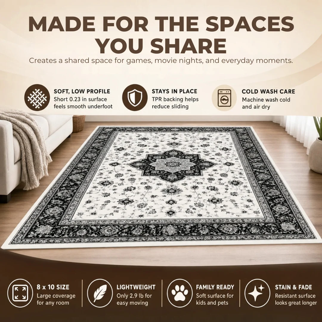 Washable 8 x 10 ft Area Rug with Soft Surface TPR Floor Backing