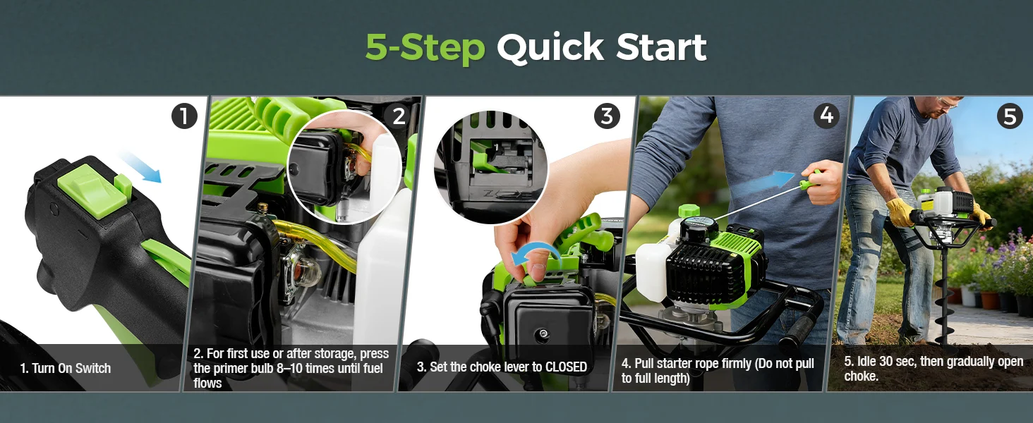 Small engine tool startup steps with green and black parts, showing innovation and quality during operation