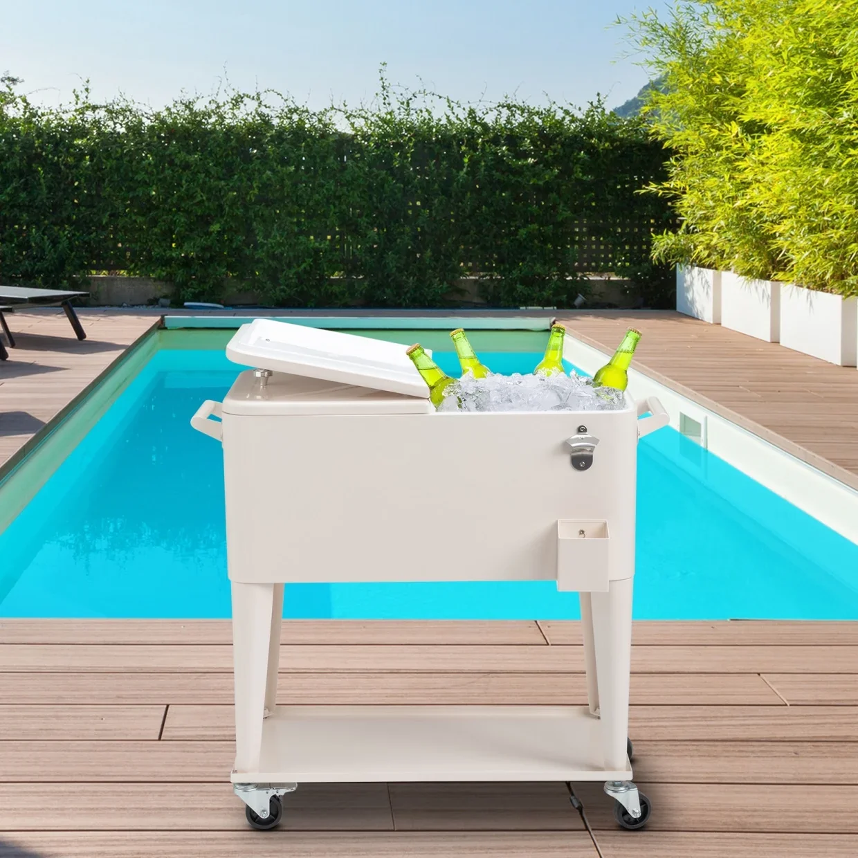 80Qt All-In-One Cooler Cart With Bottle Opener, Lower Storage Shelf and Cap Catcher, Outdoor Party Rolling Cooler With Lockable Wheels For Pool Side, Patio, Balcony, Mint(33.07 x 15.16 x 35.83)" - Image 16