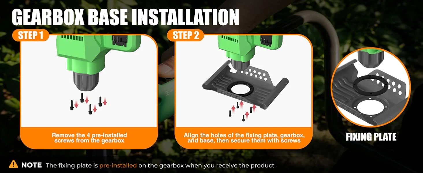 Gearbox base installation diagram with step 1 and step 2 showing screws, fixing plate, and secure alignment
