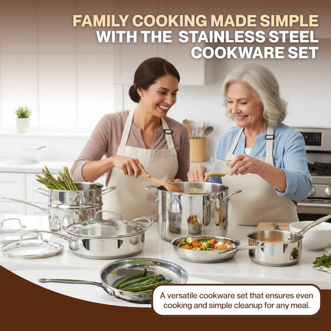 Stainless Steel Cookware Set with Glass Lids & Even Heat Base