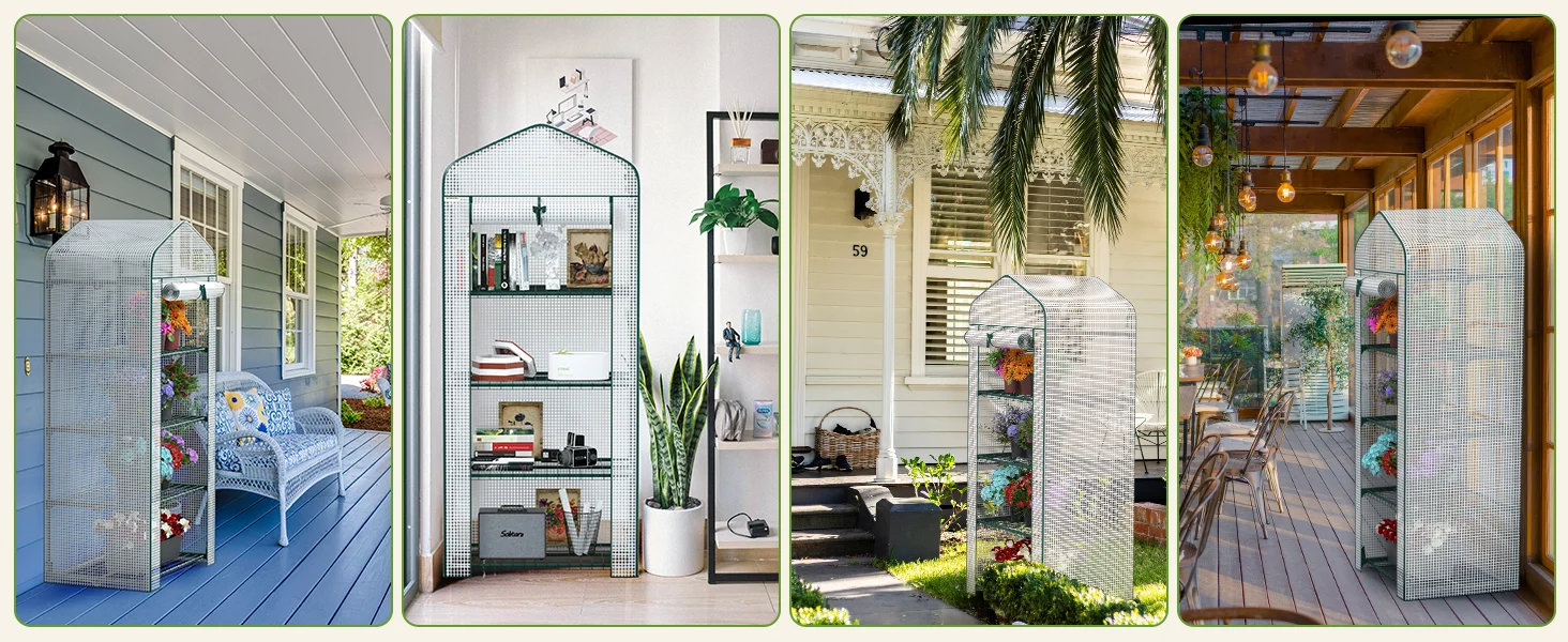 Outdoor patio and indoor room scenes with a tall fabric storage cabinet, showing innovation and durable quality
