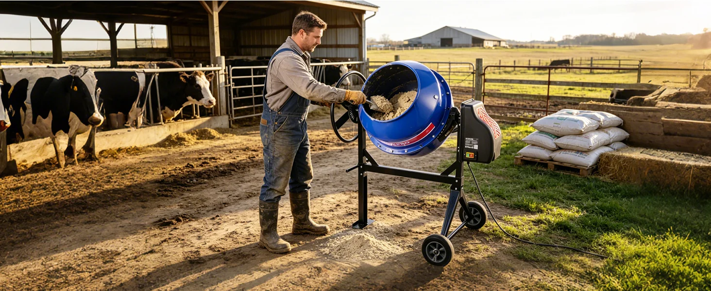 Farmer using a blue concrete mixer on a rural farm yard, innovation and quality in the work process