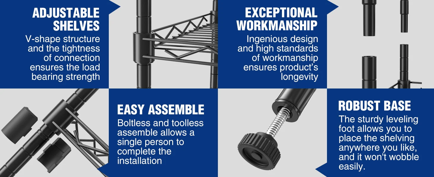 Metal shelving system diagram with adjustable shelves, innovation and quality, and a robust base with leveling feet