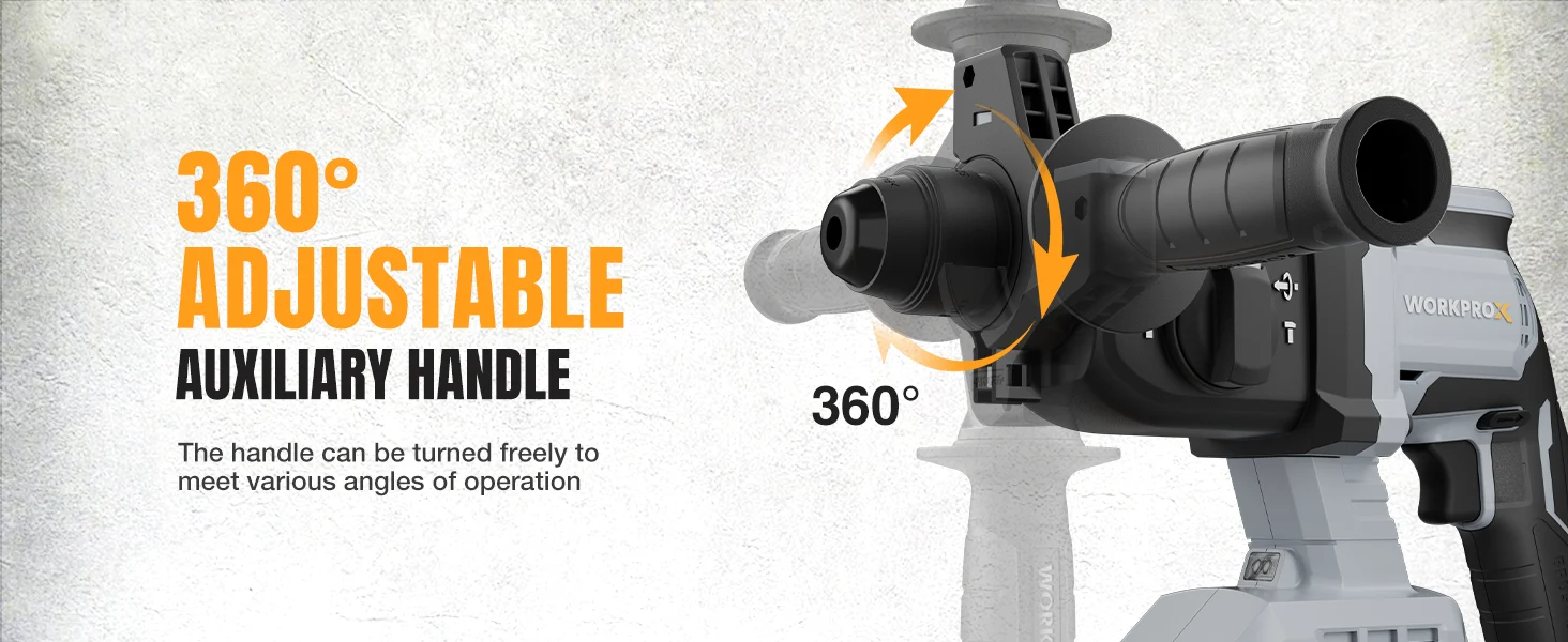 Power tool with adjustable auxiliary handle showing 360 degree rotation, with durable quality and secure design