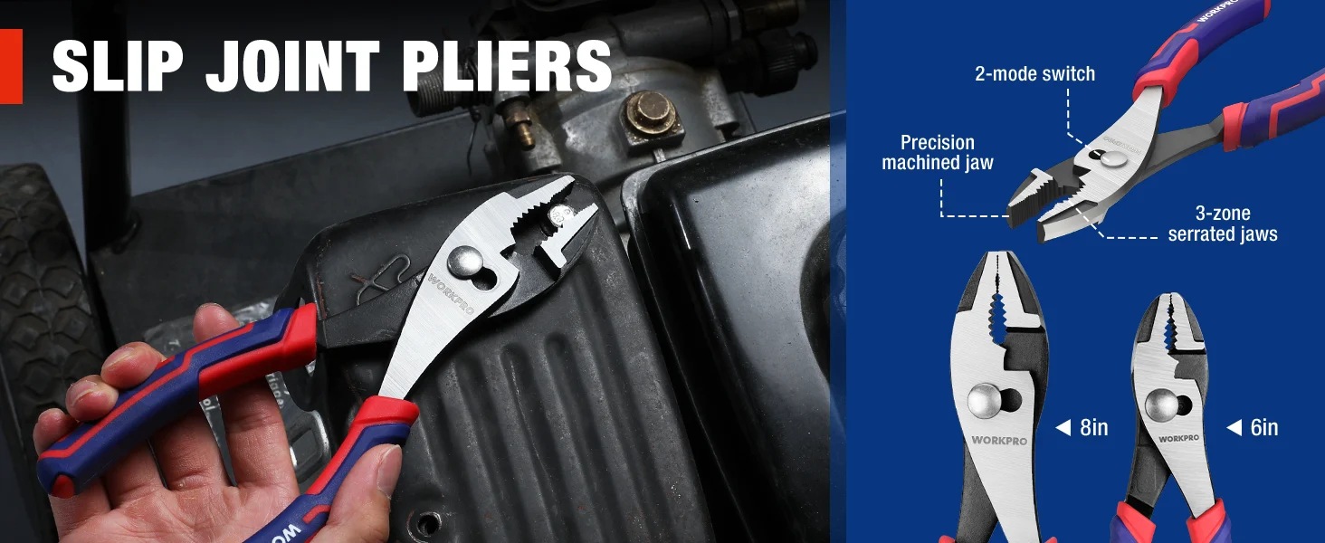 Slip joint pliers with serrated jaws and precision machined jaw tips, shown in a tool kit layout