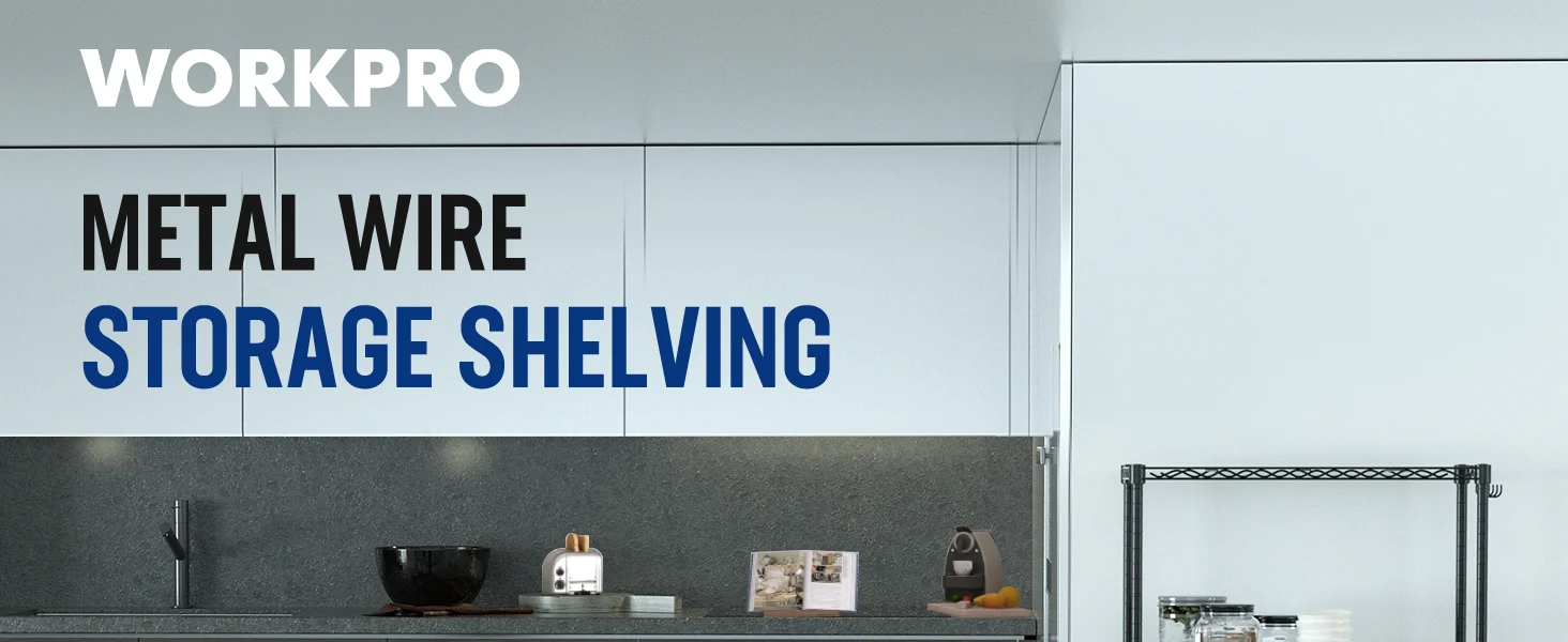 Metal wire storage shelving in a clean workshop, with visible WORKPRO branding and a neat gray countertop