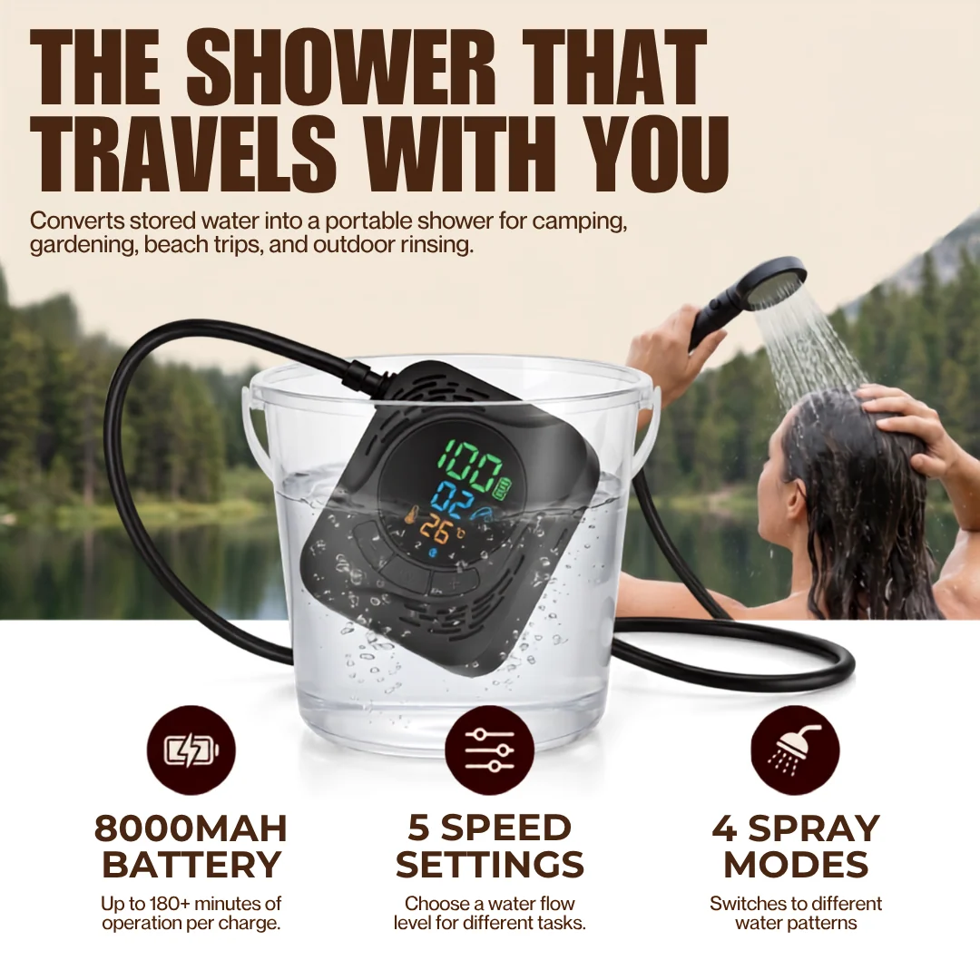 Portable Camping Shower Kit with 8000mAh Battery and 5 ft Hose