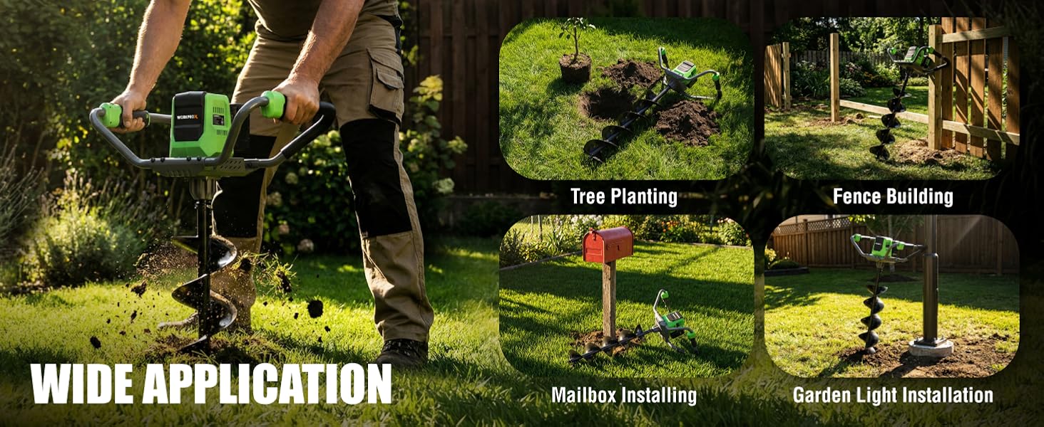 Garden worker using a green auger tool, with innovation and quality, and tree planting and fence building scenes