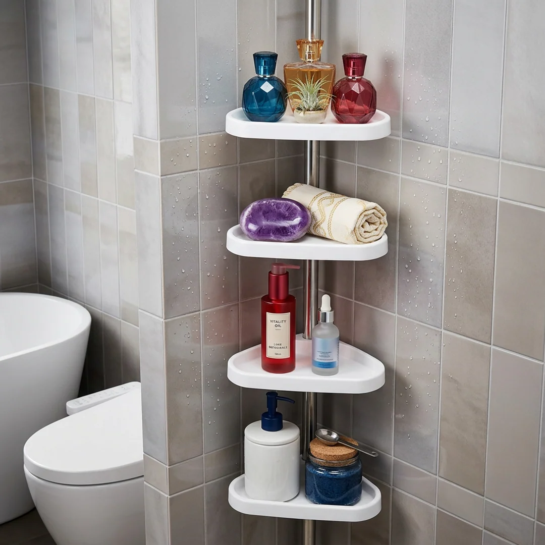 Corner bathroom cabinet mounted between floor and ceiling.