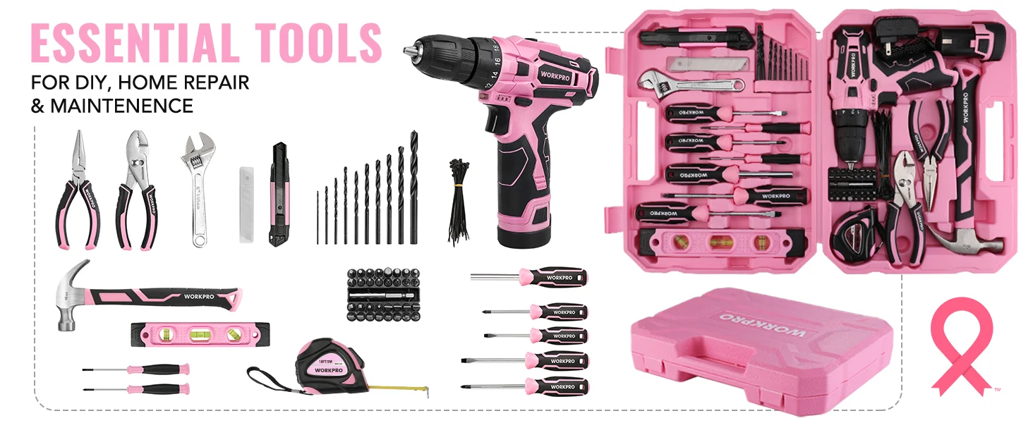 Pink and black DIY tool kit with drill, wrenches, bits, and case, showing innovation and quality for home repair