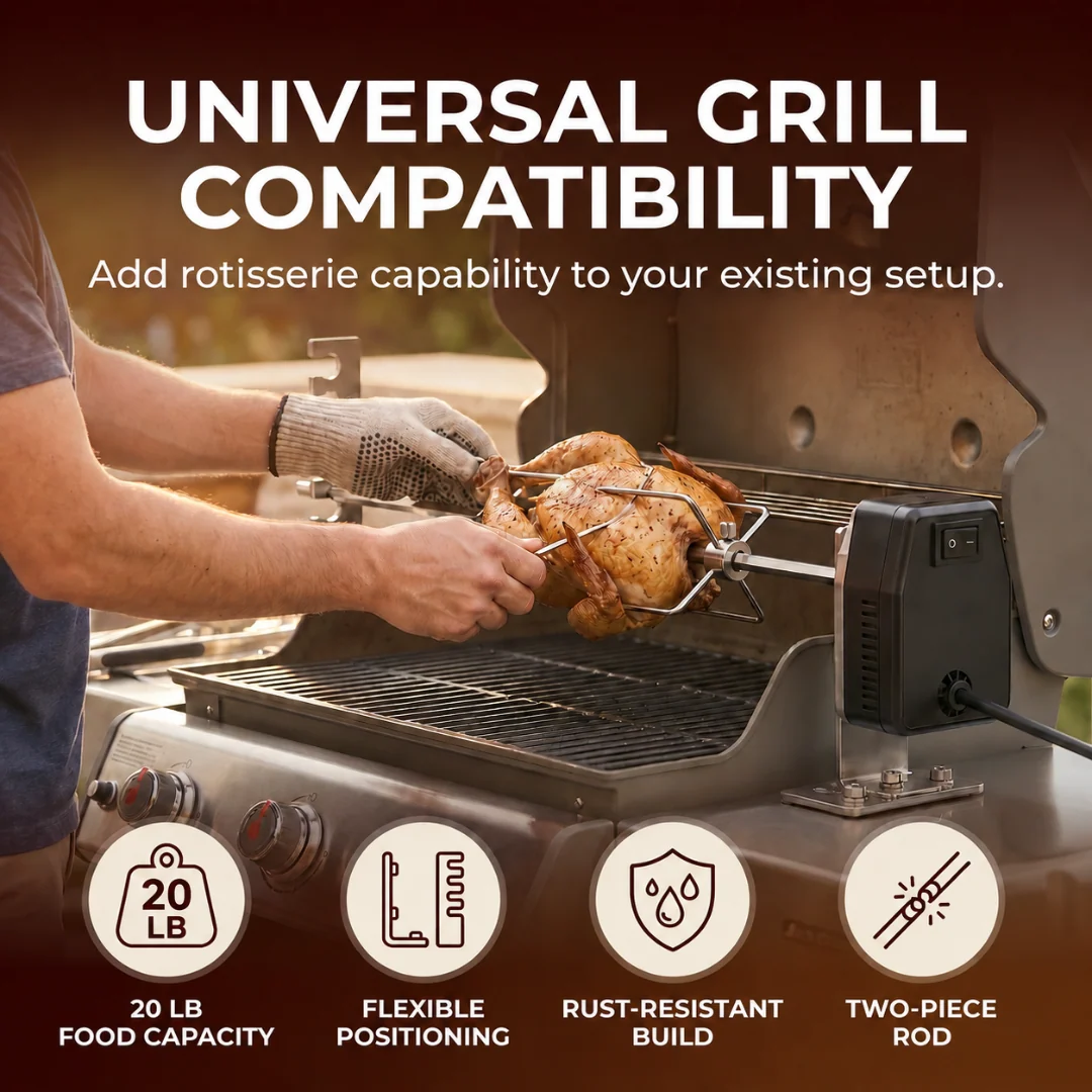 Universal Rotisserie Grill Kit with 120V Motor for Outdoor Grills