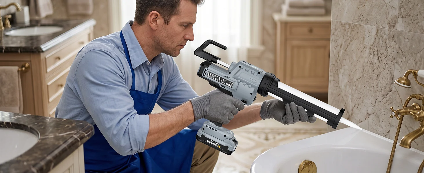 Technician using a cordless caulking gun in a bathroom, applying sealant around a white sink edge