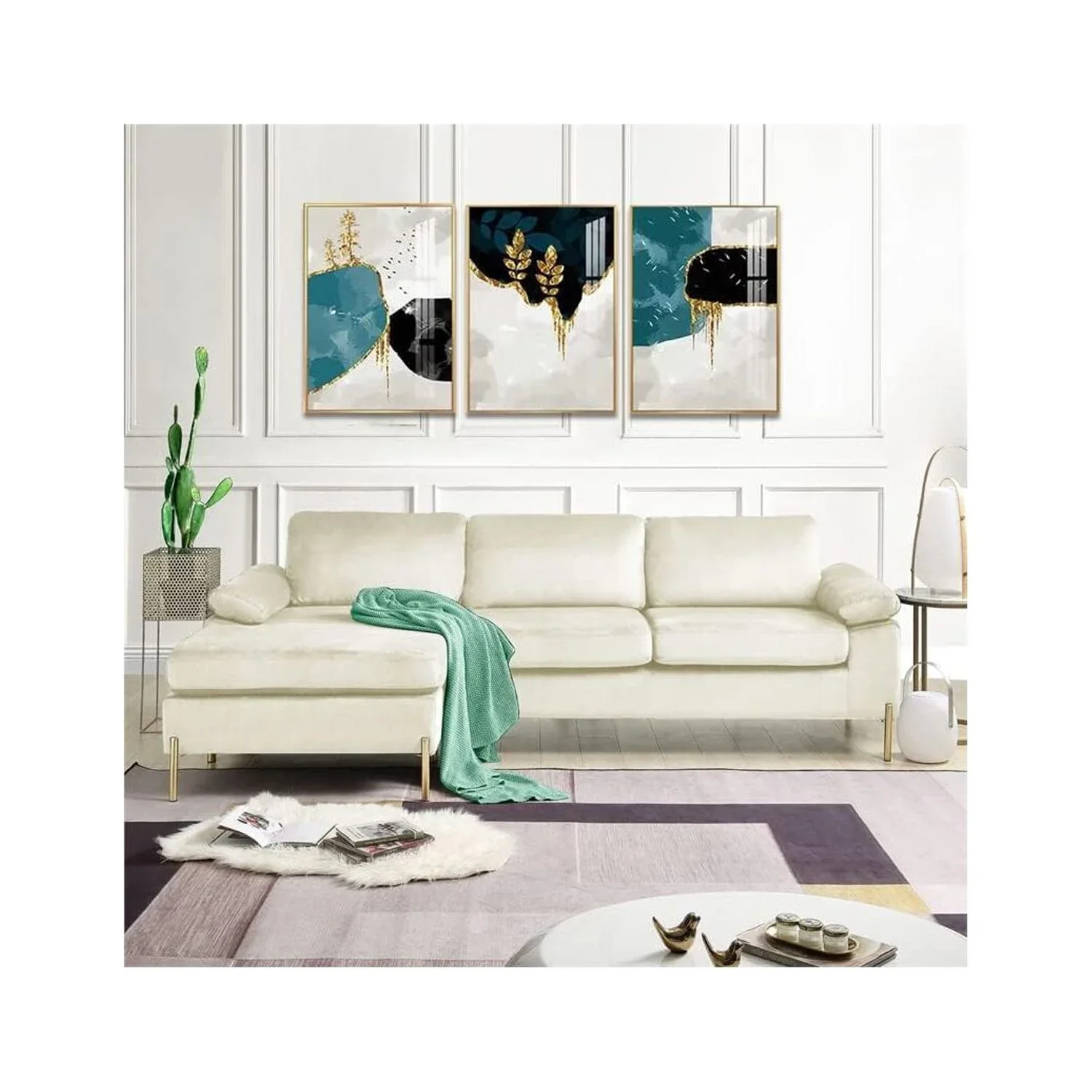 HomeStock Luxe Modern Velvet L-Shape Sectional Sofa with Square Padded Armrests, Solid Pattern Upholstery - 51.6"D x 101.2"W x 33.1"H, Comfortable and Stylish Seating for Living Room-Color:Gray/Gold - Image 22