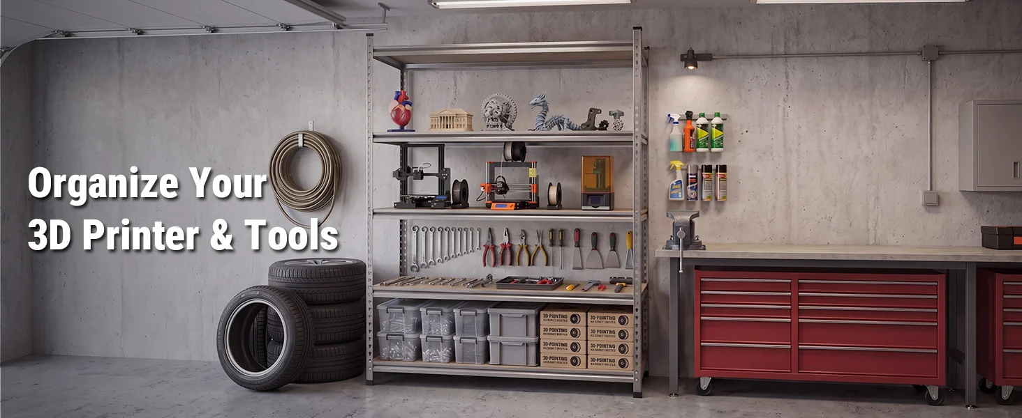 Workshop shelf with tools and 3D printer parts, with innovation and quality shown in organized metal storage