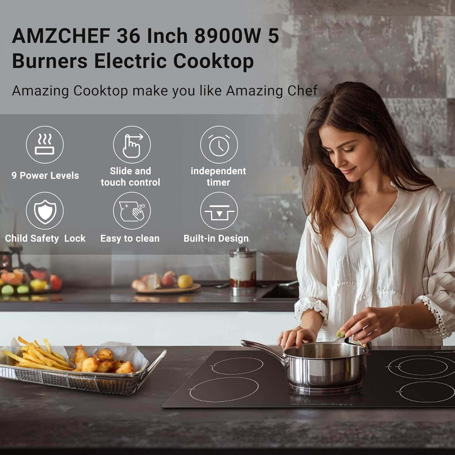 AMZCHEF 36" Upgraded 8900W Electric Cooktop 5 Burner Touch Control Built-in Ceramic Stove 3