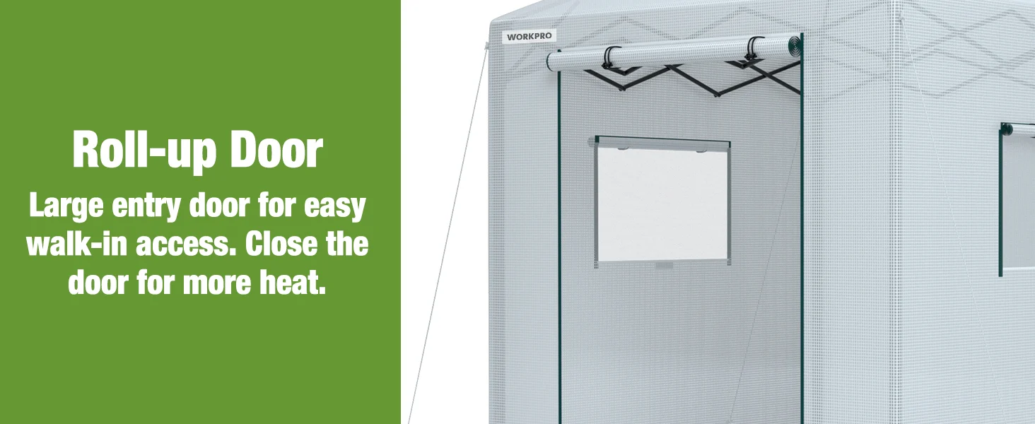 Roll-up door with large entry opening, showing a WORKPRO label on a white insulated curtain