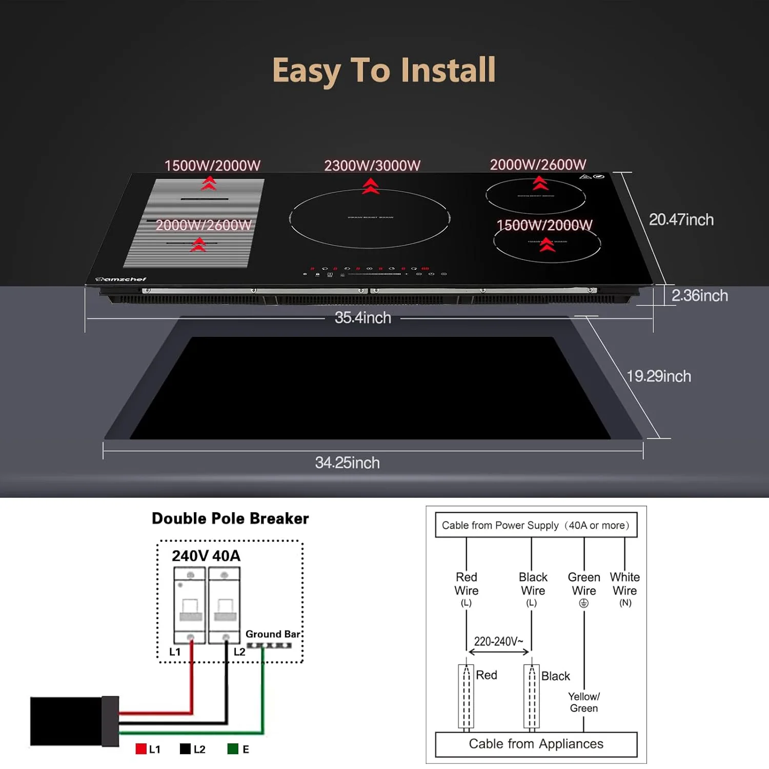 AMZCHEF 36 Inch Built-in Induction Cooktop 5 Boost Burner Including Flexi Zone 2