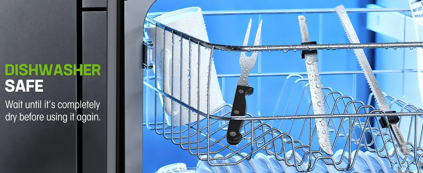 Dishwasher rack with wet metal tines and water droplets, showing innovation in quality and durable design