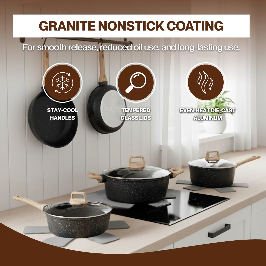 Aluminum Nonstick Cookware Set with Granite Coating & Glass Lids